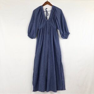 NEW Lalavon Finn Vneck Midi Dress Blue Size S Half Puff Sleeve‎